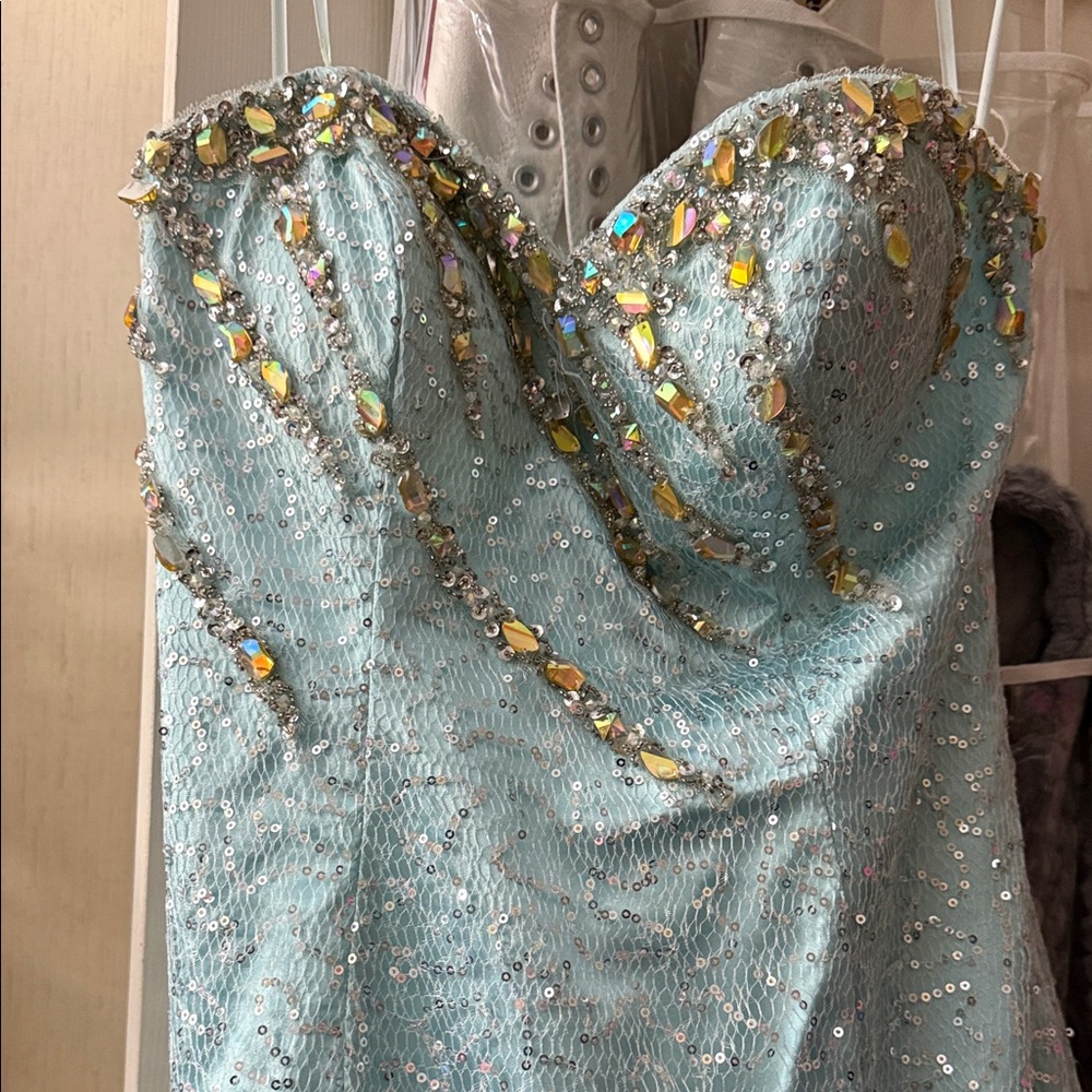 Embellished Strapless Dress in Light Blue